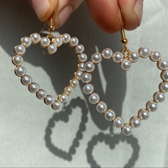 White & Gold Heart Shape Outline Drop Earrings - Picture 3 of 6